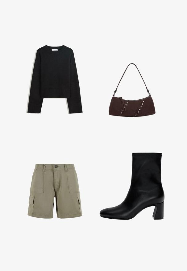 Črna dolga pletena pulover z dolgimi rokavi, krojnim izrezom, rebrastimi manšetami in robom ter krajšo dolžino.; Khaški cargo kratke hlače iz lahkega bombaža z dvema stranskima žepoma, sprednjim gumbom in ravnim krojem.; Črne gležnjarje iz gladke usnjene obutve. Imajo kvadratni nos, elastičen vrh in široko peto za stabilnost. Minimalističen dizajn.; Rjava sintetična usnjena torbica s ukrivljeno obliko, zadrgo in dekorativnimi srebrnimi žebljički ob eni strani. Ima kratko naramnico.