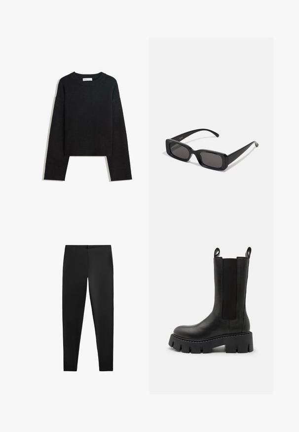 Czarny sweter z długim rękawem, dzianinowy, z okrągłym dekoltem, ribbowymi mankietami i dolnym wykończeniem oraz skróconą długością.; Czarne legginsy o gładkiej fakturze i dopasowanym kroju, z wysokim stanem i bezszwowym wykończeniem dla komfortu i wszechstronności.; Czarne skórzane botki za kostkę z elastycznymi panelami bocznymi, uchwytami do zakupu, grubą, żłobioną podeszwą i wzmocnionymi detalami szwów. Powierzchnia ma gładką teksturę.; Czarne prostokątne okulary przeciwsłoneczne z ciemnymi szkłami, błyszczącym wykończeniem, szerokimi zausznikami i masywną konstrukcją. Wygrawerowana nazwa marki na jednym z zauszników.