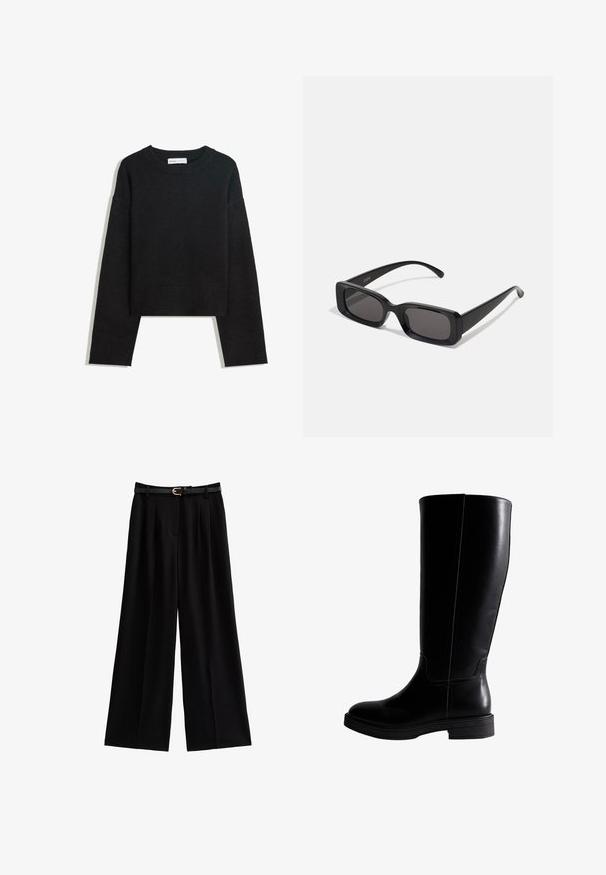 Maglione nero a maniche lunghe in maglia con colletto rotondo, polsini e orlo a costine, e lunghezza corta.; Pantaloni neri a gamba larga realizzati in tessuto morbido, con pieghe nette e una cintura nera testurizzata con una fibbia dorata.; Stivali neri in pelle al ginocchio con texture liscia, punta rotonda, cuciture minime e suola in gomma piatta. Design semplice ed elegante.; Occhiali da sole neri rettangolari con lenti scure, finitura lucida, aste larghe e design della montatura spessa. Nome del marchio inciso su un'asta.; Borsa a spalla in pelle nera con una texture liscia, corpo largo, tracolla sottile e chiusura a zip nella parte superiore.