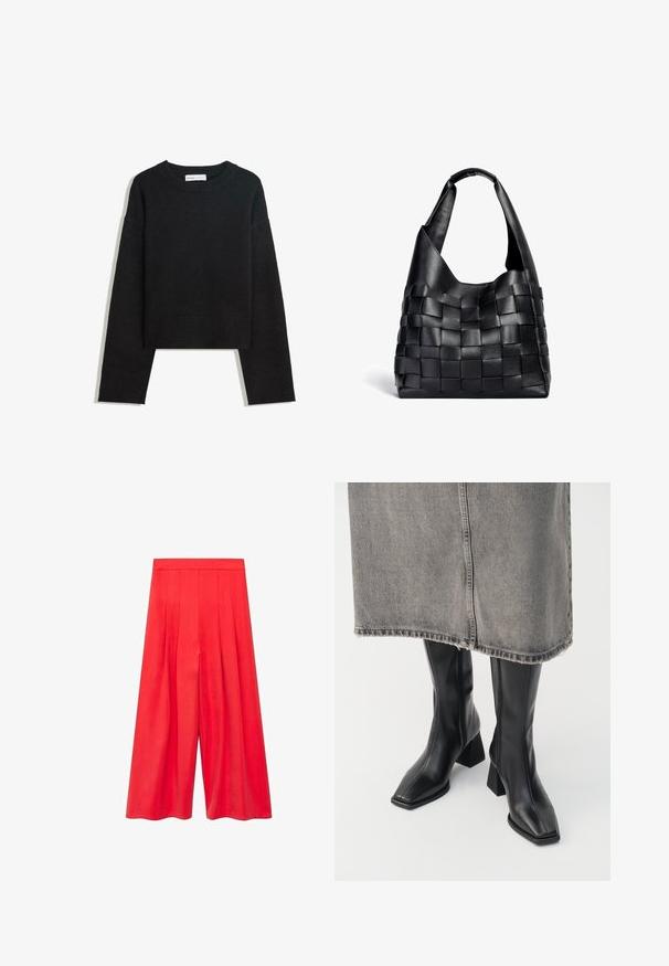 Zwarte lange mouwen gebreide trui met ronde halslijn, geribde manchetten en zoom, en een cropped lengte.; Rode wijde broekspijpen met een hoge taille, voorzien van plooien en een soepele textuur. Het ontwerp is losvallend, wat het comfort en de bewegingsvrijheid vergroot.; Zwarte laarzen tot de knie van soepel leer met een vierkante neus en blokhak. Draag ze met een grijze denim rok met een rafelige zoom.; Zwarte leren geweven tote bag met een slouchy vorm en een brede schouderriem. Kenmerkt zich door een gestructureerd, verweven ontwerp met een gladde afwerking.
