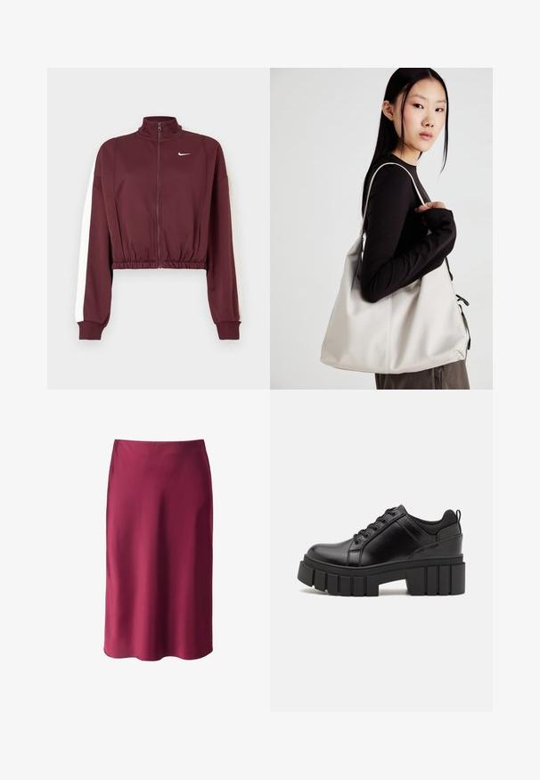 Bordeaux cropped jack met een hoge kraag, volledige ritssluiting en witte zijstrepen. Gemaakt van een gladde stof, met een elastische zoom en manchetten.; Bordeaux satijnen rok met een gladde textuur, rechte snit, midi-lengte en een subtiele glans. Geen zichtbare patronen of hardware-details.; Zwarte leren platform schoenen met een stevige blokhak, ronde neus en een traditionele vetersluiting. Kenmerkt zich door een gladde textuur en minimale details.; Beige handtas gemaakt van zacht materiaal, met een slonzig ontwerp, gestikte details en twee schouderbanden. Geschikt voor dagelijks gebruik.