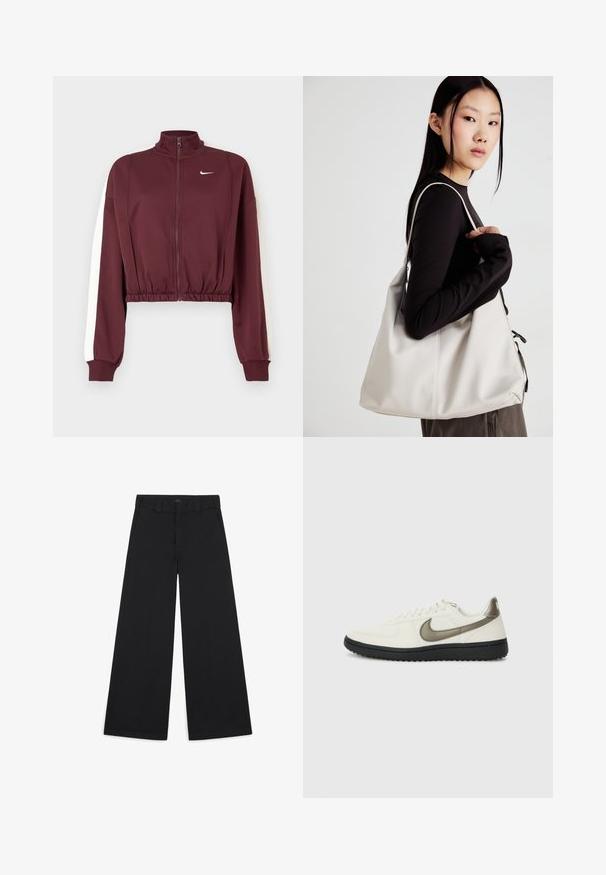 Casaco curto burgundy com colarinho alto, fecho de correr completo e riscas laterais brancas. Feito de tecido suave, apresenta bainha e punhos elásticos.; Calças pretas de perna larga feitas de um tecido têxtil suave. Apresentam vincos prensados, passadores de cinto e um acabamento limpo e ajustado.; Nike Sportswear FIELD GENERAL - Sapatilhas - off-white/black; Uma bolsa bege feita de material macio, com um design descontraído, detalhes de costura e duas alças para o ombro. Adequada para uso diário.