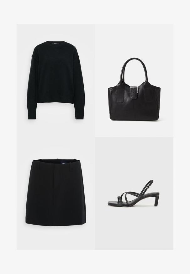 Black knitted sweater with a crew neckline, dropped shoulders, and long sleeves. Features a textured fabric and a cropped fit.; Black skirt with a smooth fabric texture, minimalistic design, two front pockets, and a mid-thigh length. Includes belt loops at the waist.; Black strappy sandal with a square toe and a low block heel. Features multiple thin straps and an adjustable ankle strap. Made of smooth leather.; Black leather tote bag with smooth texture, structured shape, two handles, and a prominent silver buckle detail on the front.