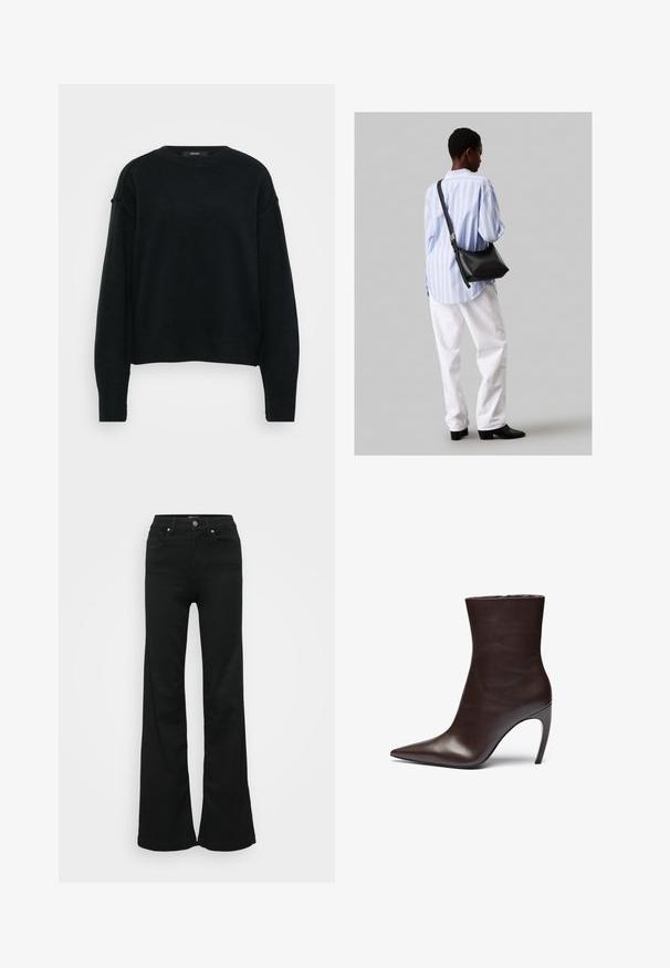 Fekete kötött pulóver kerek nyakkivágással, esővállakkal és hosszú ujjakkal. Jellemzője a texturált szövet és a rövidített fazon.; Fekete, trapéz szabású farmernadrág, magas derékkal, öt zsebbel és fémből készült gombos zárással. Simább textúrájú, minimális díszítéssel.; Barna bőr bokacsizma hegyes orral, karcsú sziluettel és magas tűs sarokkal. Simább textúrával és minimalista dizájnnal rendelkezik.; Fekete bőr válltáska puha tapintással, háromszög alakú, állítható pánttal, világoskék csíkos inggel és fehér nadrággal párosítva.