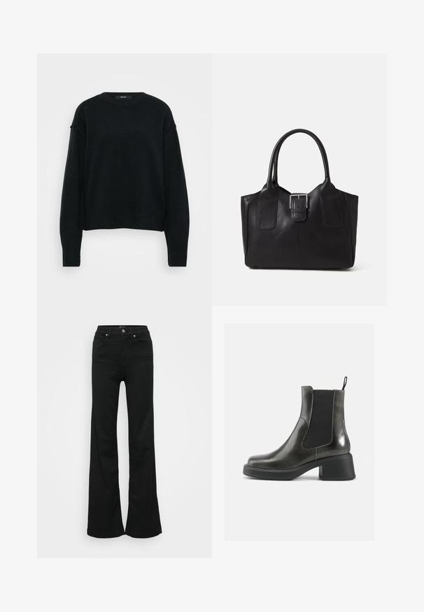 Mustat neulotut neuleet, joissa on pyöreä kaula-aukko, laskeutuvat olkapäät ja pitkät hihat. Sisältää teksturoidun kankaan ja lyhyen istuvuuden.; Mustat levenevät farkut, valmistettu denimmateriaaleista. Korkea vyötärö, viisi taskua ja metallinen napitus. Sileä pinta, jossa on minimaalinen yksityiskohtaisuus.; Musta nahkakenkä nilkkamitoilla, joissa on sileä pinta, joustavat sivupaneelit ja paksu korko. Varustettu vetoketjulla helpompaa pukemista varten.; Musta nahkainen olkalaukku, jossa on sileä pinta, ryhdikäs muoto, kaksi kahvaa ja silmienpistävä hopeinen solkiyksityiskohta edessä.