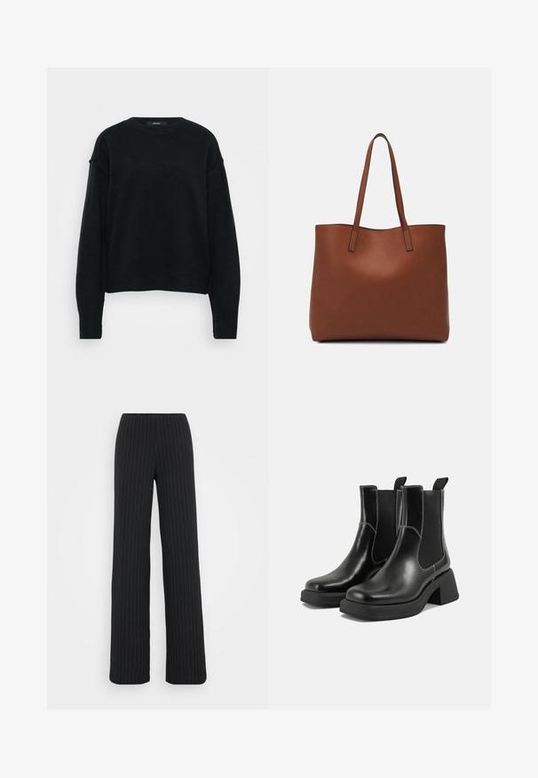 Mustvaheline kudum, millel on ümmargune kaelus, langenud õlavarred ja pikad varrukad. Omab tekstureeritud kangast ja lühikest lõiget.; Vero Moda Tall VMBERLIN MY WIDE - Püksid - obsidian/oatmeal; Must musta Chelsea saapad, millel on paks konts, elastsed külgpaneelid ja kontrastne valge õmblus. Tekstuuriga viimistlus.; Pruun nahast tote-kott, millel on sile tekstuur, avatud ülaosa disain ja kaks õlarihma. Omab minimaalset õmblust ja nähtavat riistvara ei ole.