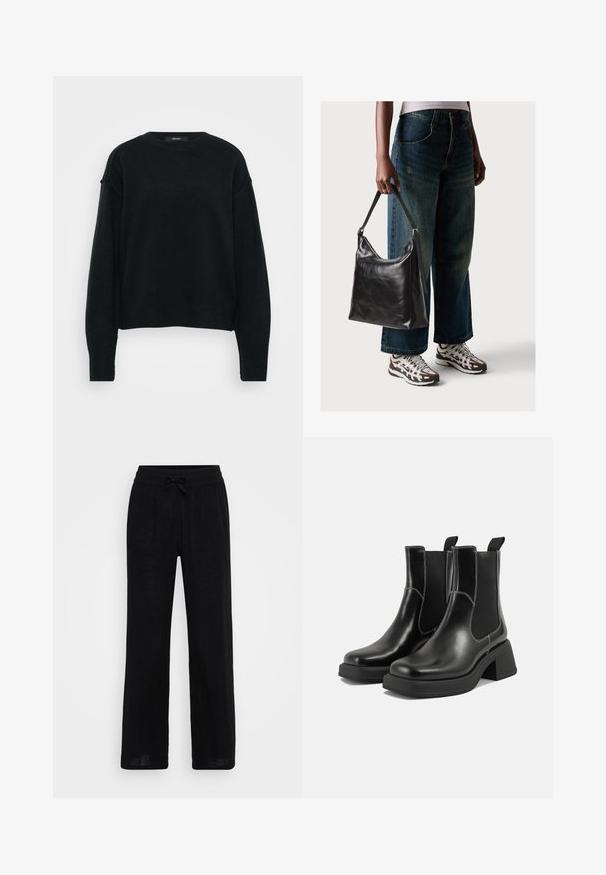 Mustvaheline kudum, millel on ümmargune kaelus, langenud õlavarred ja pikad varrukad. Omab tekstureeritud kangast ja lühikest lõiget.; Mustad linased laiad püksid elastse vöökoha ja paelaga. Sile tekstuur, hingav kangas ja täispikk disain.; Must musta Chelsea saapad, millel on paks konts, elastsed külgpaneelid ja kontrastne valge õmblus. Tekstuuriga viimistlus.; Must musta õlakott, millel on sile tekstuur ja reguleeritav rihm, koos pleekinud laia jalgadega teksade ja sportlike tossudega.