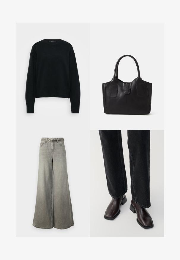 Črna pletena pulover s krožnim izrezom, spušenimi rameni in dolgimi rokavi. Ima teksturirano tkanino in skrajšan kroj.; Vero Moda Tall VMANNET WIDE BELT - Široke hlačnice - medium grey denim; Rjavi usnjeni gležnjarji s kvadratnim nosom in blok peto, v kombinaciji s črnimi širokimi hlačami. Gladka textura in minimalističen dizajn.; Črna usnjena torba s gladko teksturo, strukturirano obliko, dvema ročkama in izrazitim srebrnim sponko na sprednji strani.