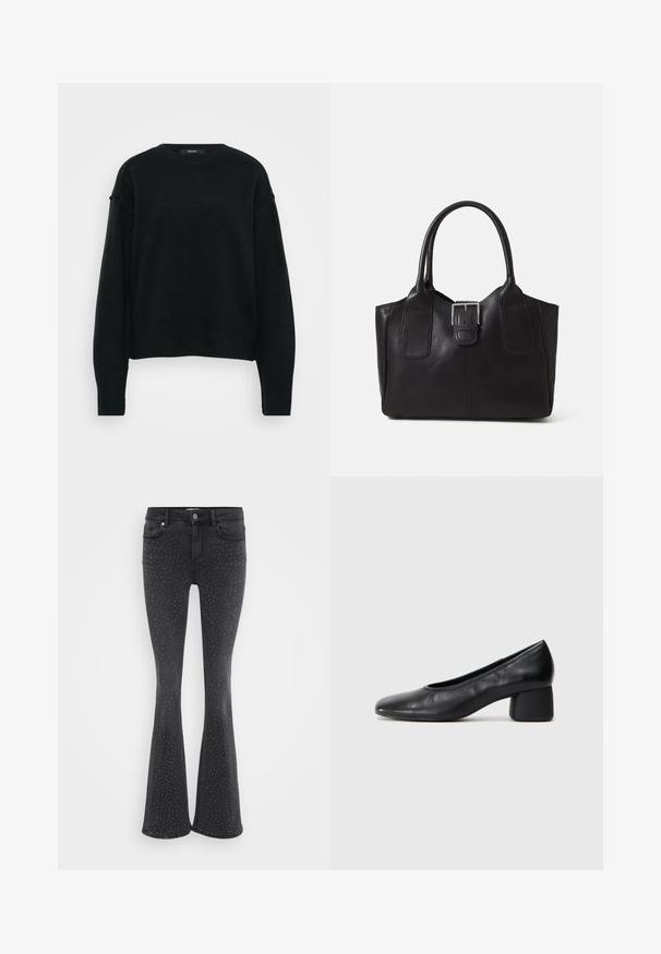 Fekete kötött pulóver kerek nyakkivágással, esővállakkal és hosszú ujjakkal. Jellemzője a texturált szövet és a rövidített fazon.; Fekete, trapéz szabású farmernadrág, amely fém szegecs díszítéssel van ellátva. Öt zsebe van és elöl gombos záródással rendelkezik.; Fekete bőr magassarkú cipő, lekerekített orral és közepes blokk sarkú. Simább textúrájú, minimális díszítéssel, finom elasztikus nyílással.; Fekete bőr bevásárlótáska sima textúrával, strukturált formával, két fogantyúval és egy figyelemfelkeltő ezüst csattal az elején.