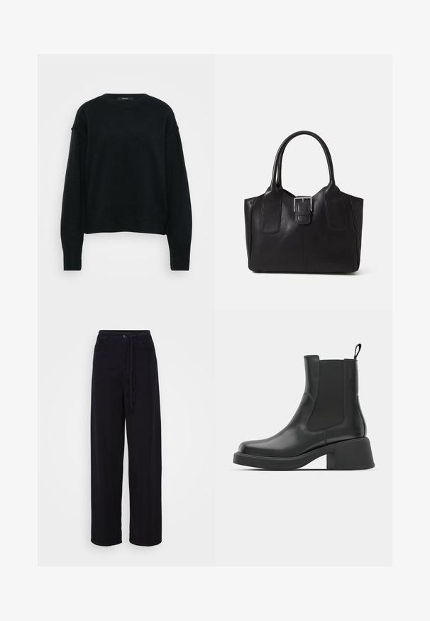 Črna pletena pulover s krožnim izrezom, spušenimi rameni in dolgimi rokavi. Ima teksturirano tkanino in skrajšan kroj.; Črne široke hlače z vrvico v pasu, gumbom za zapenjanje in dvema stranskima žepoma. Narejene iz lahkotnega materiala z gladko teksturo.; Črne usnjene gležnjarje z elastičnimi stranskimi paneli, zaobljenim nosom in masivnim blokastim peto. Gladka tekstura z minimalističnim dizajnom.; Črna usnjena torba s gladko teksturo, strukturirano obliko, dvema ročkama in izrazitim srebrnim sponko na sprednji strani.