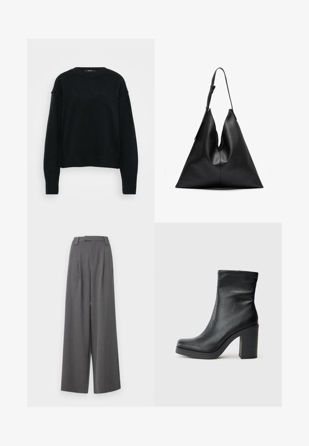 Juoda megzta pūstyne su apvaliu kaklu, kritinėmis pečiais ir ilgomis rankovėmis. Lengvas audinys ir sutrumpintas siluetas.; ONLY Tall ONLSVEA PANT - Kelnės - dark grey; Juodos odinės kulkšninių batų su aukštu blokuotu kulnu, lygia tekstūra, prigludusia siluetu ir siūlėmis apipjaustymu viršuje.; Juoda odinė trikampio formos rankinė su viena reguliuojama petneša ir minkšta, šiek tiek susmukusia struktūra.