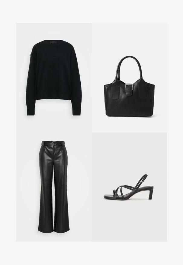 Pulover negru tricotat cu guler rotund, umeri căzuți și mâneci lungi. Prezintă un material texturat și o croială scurtă.; ONLY Tall ONLSMOOTH WIDE  - Pantaloni - black; Sandal cu barete negre, cu vârf pătrat și toc mic de bloc. Prezintă mai multe barete subțiri și o bareta ajustabilă la gleznă. Fabricat din piele netedă.; Geantă tote din piele neagră cu textură netedă, formă structurată, două mânere și un detaliu proeminent din aliaj de argint pe partea din față.