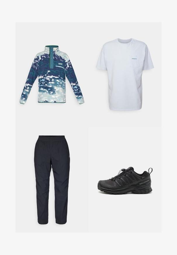 Pitkähiha fleece-poolo, jossa on korkea kaulus, nepparit, rintatasku vetoketjulla ja sinivalkoinen abstrakti kuvio.; Valkoinen puuvillapaita lyhyillä hihoilla, pyöreällä kaula-aukolla ja vasemmalla rintataskulla, jossa on sininen "Patagonia" -logo. Klassinen istuvuus ja sileä tekstuuri.; Mustat, kevyet, vettä hylkivät housut, joissa on joustava vyötärö, suora lahjetyyli ja kaksi kulmaa sivutaskuja.; Musta urheilukenkä, jossa on teksturoitu synteettinen päällinen, pehmustettu pohja ja nopea nauhoitusjärjestelmä. Varustettu vahvistetulla varpaalla ja kantapäällä.