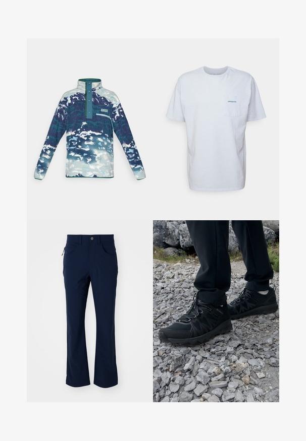 Long-sleeve fleece pullover with high collar, snap buttons, chest zip pocket, and blue-white abstract pattern.; White cotton t-shirt with short sleeves, round neck, and a left chest pocket featuring a blue "Patagonia" logo. Classic fit with a smooth texture.; Navy blue straight-leg pants with belt loops, button closure, front pockets, and a zippered side pocket on a white background.; Black outdoor shoes with mesh and synthetic material, featuring a textured upper, secured lacing system, and a rugged outsole, on rocky terrain.
