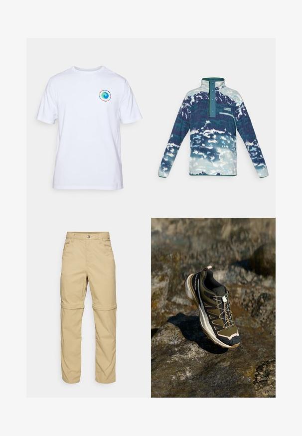 Sudadera de forro polar de manga larga con cuello alto, botones a presión, bolsillo con cremallera en el pecho y patrón abstracto en azul y blanco.; Camiseta blanca de manga corta hecha de algodón. Presenta un diseño espiral colorido en el lado izquierdo del pecho. Cuello redondo clásico con dobladillo recto.; Pantalones beige desmontables con una textura suave, que presentan dos bolsillos laterales, un cierre de botón y puños enrollables para mayor versatilidad.; Zapato de senderismo en verde oliva y negro con toques de rosa. Cuenta con una parte superior texturizada, suela flexible, capuchón de punta reforzado y un sistema de cordones colorido.