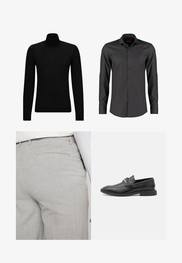 Črna turtleneck pulover iz mehkega materiala, z dolgimi rokavi in tesnim prileganjem. R ibana obroba na robu in rokavih. Preprosta zasnova.; Črna srajca z dolgimi rokavi in slim fit krojem, izdelana iz gladkega blaga. Ima ostro ovratnico in šest gumbov spredaj.; Svetlo sive hlače po meri iz teksturirane tkanine, z enim zadnjim žepom in čistim šivom.; Črne usnjene loafers čevlji z gladkim zaključkom, ki imajo trak čez nart in subtilen kovinski poudarek. Nizkoprofilna gumijasta podplat.