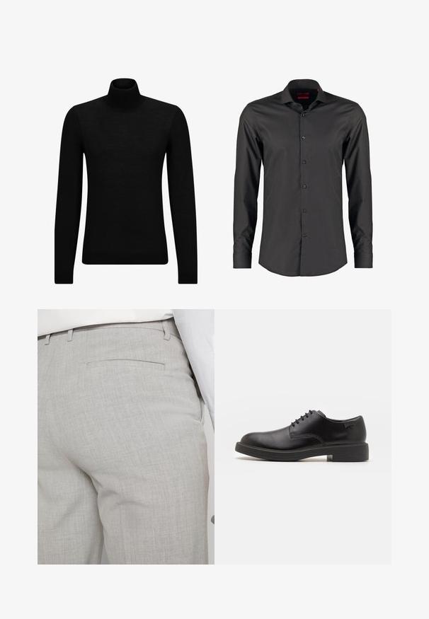 Crni dukserica s visokim ovratnikom, napravljena od mekanog materijala, s dugim rukavima i priljubljenim krojem. Rebrasti detalji na donjem rubu i rukavima. Jednostavan dizajn.; Crna košulja dugih rukava uskog kroja, izrađena od glatkog materijala. Ima špicasti ovratnik i šest dugmadi sprijeda.; Svijetlosive krojene hlače od teksturiranog materijala, s jednim stražnjim džepom i čistim šavovima.; Crne kožne cipele s vezanjem i zaobljenim vrhom, glatke teksture, minimalnim šavovima i niskim gumiranim potplatom. Logo se nalazi na peti.