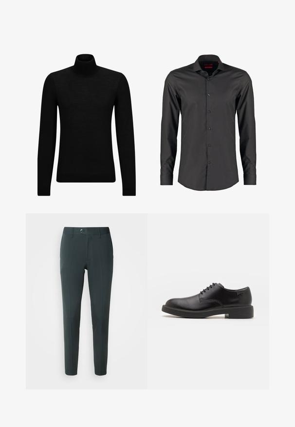Zwarte coltrui van zacht materiaal, met lange mouwen en een snug fit. Geribbelde afwerking aan de onderkant en mouwen. Eenvoudig ontwerp.; Zwarte langefris shirt met een slim fit, gemaakt van zacht materiaal. Voorzien van een puntige kraag en zes knopen aan de voorkant.; Donkergroene broek met een getailleerde pasvorm, voorzien van een flatfront, riemlussen en een enkele knoopsluiting. Glad materiaal, geen patronen.; Zwarte leren veterschoen met een ronde neus, een gladde textuur, minimale stiksels en een lage rubberen hak. Logo op de hak.