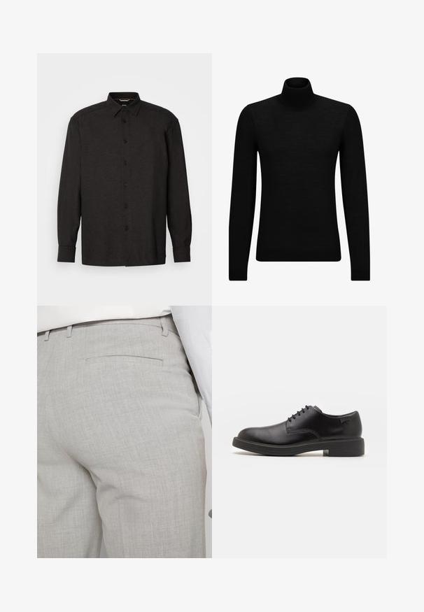 Svart genser med høy hals laget av mykt materiale, med lange ermer og en tettsittende passform. Ribbestrikket kant nederst og ved ermene. Enkelt design.; Svart langermet skjorte laget av teksturert stoff, med knappeåpning foran, spiss krage og standard mansjetter. To brystlommer.; Lysegrå skreddersydde bukser laget av teksturert stoff, med en enkelt baklomme og rene sømmer.; Svart lær snøre sko med rund tå, glatt tekstur, minimal søm, og lav gummihæl. Logo på hælen.
