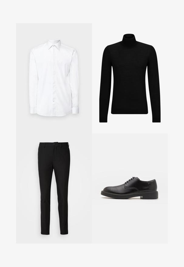 Mustahuivi neule, joka on valmistettu pehmeästä materiaalista, jossa on pitkät hihat ja tiukka istuvuus. Ribbaus reunassa ja hihansuissa. Yksinkertainen muotoilu.; Valkoinen pitkähiha- paita, joka on valmistettu sileästä kankaasta ja jossa on klassinen kaulus, etuvetoketju ja siististi käännetyt hihat.; Mustat housut slim fit -mallilla, joissa on nappisulku, vetoketju ja kaksi etutaskua. Sileä kangas matalla pinnalla.; Mustat nahkasaappaat, joissa on pyöreä kärki, sileä pinta, minimaalinen ommel ja matala kumipohja. Logo kannassa.
