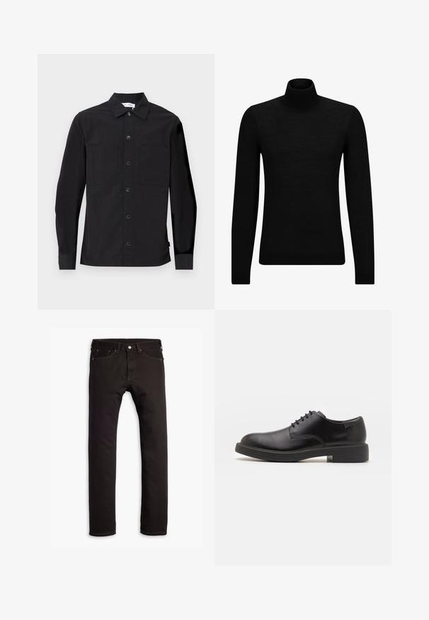 Musthave muströid ja pehmest materjalist must turtleneck, millel on pikad varrukad ja tihe istuvus. Ribaga ääris allservas ja vöökohal. Lihtne disain.; Must mustaga with long varrukatega, millel on terav krae, esine nööpide sulgemine, kaks rinna taskut ja sile, tekstuuriga kangas.; Mustad musta värvi slim-fit teksad viie taskuga ja nööbiga kinnitamine, laidudena valgel taustal.; Must beemel levalis kingad ümarate varvastega, sileda pinnaga, minimaalsete õmblustega ja madala kummist kontsaga. Logo kontsa peal.