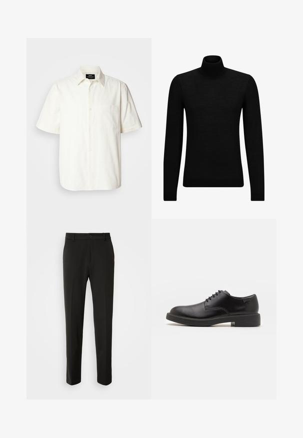 Pull à col roulé noir en matériau doux, avec des manches longues et une coupe ajustée. Finition côtelée au bas et aux poignets. Design simple.; Chemise à manches courtes, boutonnée, en tissu blanc cassé avec une poche sur la poitrine gauche et un col classique. Texture lisse.; Pantalon noir en tissu lisse, avec des jambes droites, une fermeture à bouton et un design classique adapté à un usage formel ou décontracté.; Chaussure noire en cuir à lacets avec un embout arrondi, texture lisse, piqures minimales et un petit talon en caoutchouc. Logo sur le talon.