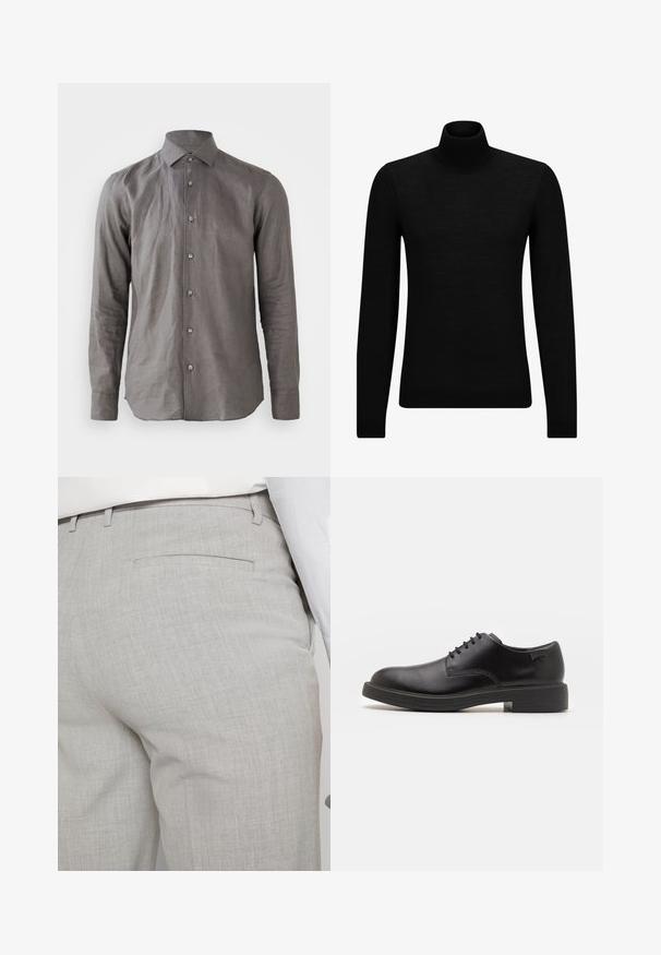 Fekete garbó pulóver puha anyagból, hosszú ujjakkal és szoros fazonnal. Ribbed díszítés az alján és az ujjak végén. Egyszerű dizájn.; Hosszú ujjú, szürke vászoning, gombos gallérral, elöl gombokkal és sima textúrával. Kissé gyűrött hatású.; Világosszürke, texturált anyagból készült szabott nadrág, egyetlen hátsó zsebbel és tiszta varrással.; Fekete bőrcipő, kerek orrú, sima felületű, minimális varrással és alacsony gumitalppal. Logó a sarokrészen.