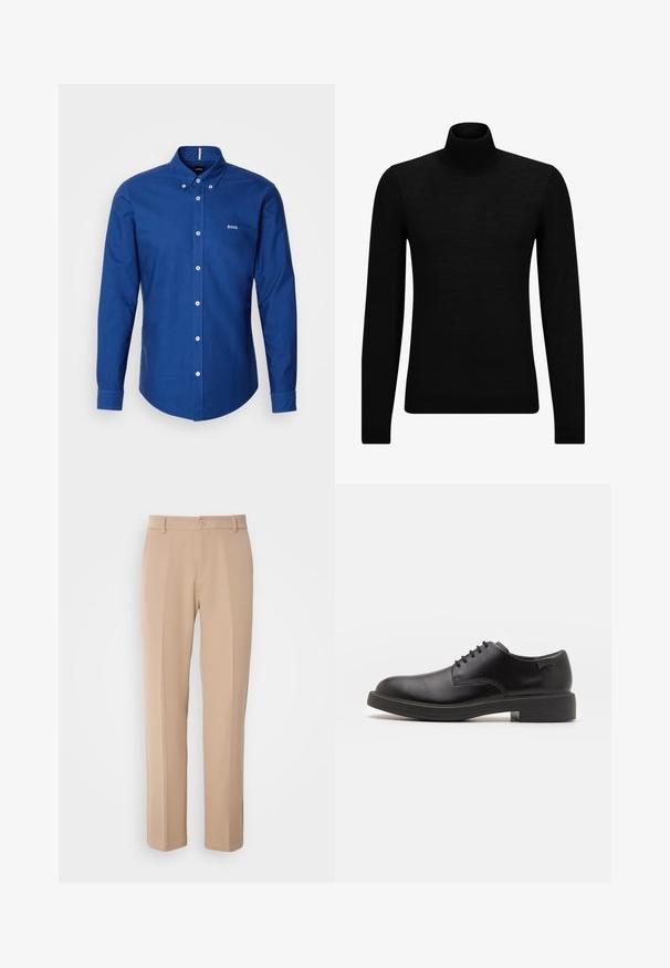 Maglione a collo alto nero realizzato in materiale morbido, con maniche lunghe e vestibilità aderente. Bordo a coste all'orlo e ai polsini. Design semplice.; BOSS ROAN - Camicia - open blue; Pantaloni beige realizzati in tessuto liscio, con un design a gamba dritta, chiusura frontale con bottone e dettagli di pieghe sottili lungo la parte anteriore.; Scarpa nera in pelle con lacci, punta tonda, texture liscia, cuciture minime e tacco in gomma basso. Logo sul tacco.