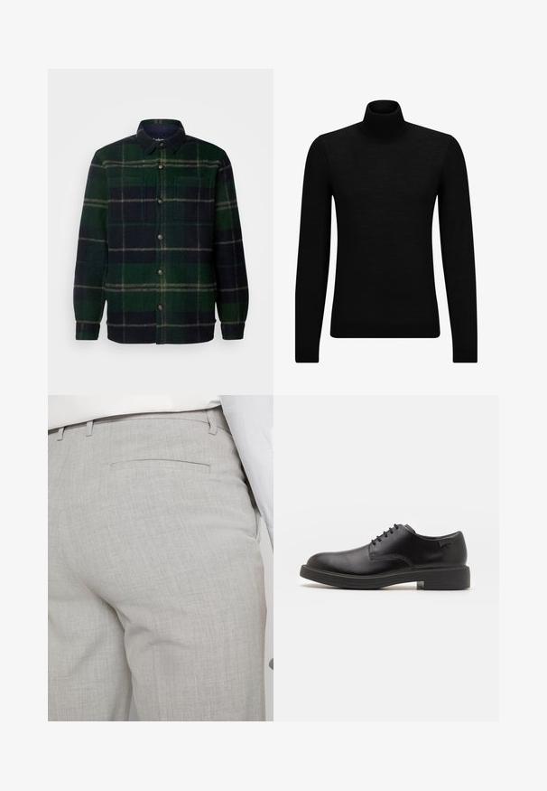 Czarny sweter z golfem wykonany z miękkiego materiału, z długimi rękawami i dopasowanym krojem. Żebrowane wykończenie na dolnym brzegu i mankietach. Prosty design.; Koszula flanelowa w ciemnozieloną i granatową kratę, z zapięciem na guziki z przodu, spiczastym kołnierzykiem oraz dwiema kieszeniami na piersi. Miękka, teksturowana tkanina.; Jasnoszare, dopasowane spodnie wykonane z fakturowanej tkaniny, z pojedynczą tylną kieszenią i starannym przeszyciem.; Czarny skórzany but za kostkę z okrągłym noskiem, gładką fakturą, minimalnym przeszyciem i niskim gumowym obcasem. Logo na pięcie.