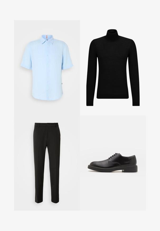 Zwarte coltrui van zacht materiaal, met lange mouwen en een snug fit. Geribbelde afwerking aan de onderkant en mouwen. Eenvoudig ontwerp.; Lichtblauw, kort mouwen overhemd in een linnenmix met een klassieke kraag en knoopsluiting. Heeft een kleine oranje accent bij de hals.; Zwarte broek van gladde stof, met rechte pijpen, een knoopsluiting en een klassiek ontwerp dat geschikt is voor zowel formele als casual gelegenheid.; Zwarte leren veterschoen met een ronde neus, een gladde textuur, minimale stiksels en een lage rubberen hak. Logo op de hak.
