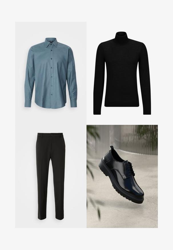 Czarny sweter z golfem wykonany z miękkiego materiału, z długimi rękawami i dopasowanym krojem. Żebrowane wykończenie na dolnym brzegu i mankietach. Prosty design.; Koszula z długim rękawem w kolorze teal, z guzikami i teksturowanym wzorem, o spiczastym kołnierzyku oraz ciemnych guzikach. Posiada tradycyjny krój i zakrzywiony dół.; Czarne spodnie z gładkiego materiału, z prostymi nogawkami, z zapięciem na guzik i klasycznym wzornictwem, odpowiednie zarówno na formalne, jak i codzienne okazje.; Czarne skórzane buty z połyskiem, okrągłym noskiem, sznurowanym zapięciem, kontrastowym przeszyciem oraz grubą gumową podeszwą z bieżnikiem.