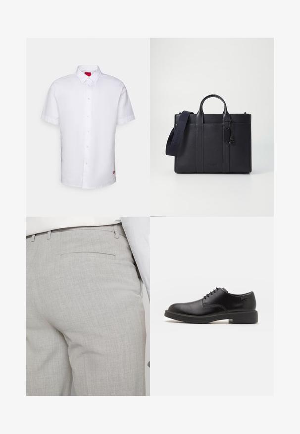 Schwarzer Rollkragenpullover aus weichem Material mit langen Ärmeln und enger Passform. Rippbesatz am Saum und an den Bündchen. Einfaches Design.; Weißes Kurzarmhemd aus Baumwolle mit Knopfleiste, spitzem Kragen und einem kleinen roten Etikett an der Seite.; Hellgraue, maßgeschneiderte Hose aus strukturiertem Stoff, mit einer einzelnen Gesäßtasche und sauberer Nahtführung.; Schwarzer Leder-Schnürschuh mit abgerundetem Zeh, glatter Textur, minimaler Naht und niedrigem Gummiabsatz. Logo auf der Ferse.; Dunkelblaues Lederaktentasche mit doppelten oberen Griffen und einem abnehmbaren Gurt. Merkmale sind die strukturierte Oberfläche, vertikale Nähte und das Logo-Detail.