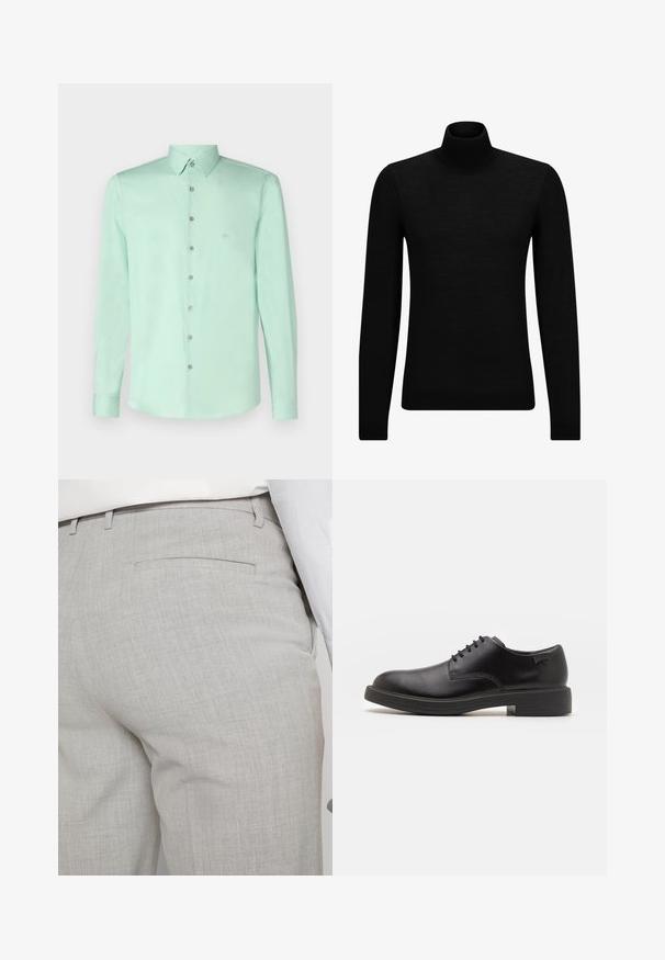 Černý rolák vyrobený z měkkého materiálu, s dlouhými rukávy a těsným střihem. Hladký lem na spodním okraji a manžetách. Jednoduchý design.; Calvin Klein Formální košile - lichen; Světlounce šedé kalhoty na míru z texturované látky, s jednou zadní kapsou a čistým prošitím.; Černé kožené šněrovací boty s kulatou špičkou, hladkým povrchem, minimálním prošíváním a nízkým gumovým podpatkem. Logo na patě.