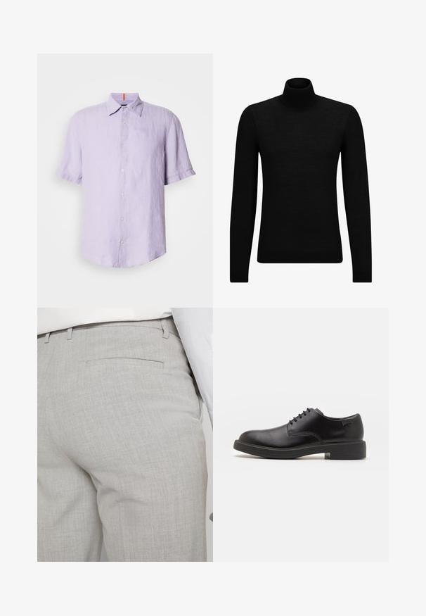 Melnā augstā kakla džemperis, kas izgatavots no mīksta materiāla, ar garām piedurknēm un pieguļušu piegriezumu. Ribota apdare ap apakšu un piedurknēm. Vienkāršs dizains.; Gai violet īsām piedurknēm krekls, kas izgatavots no linu, ar pogu aizdarījumu, klasisku apkakli un nedaudz izliekts apakšmalu.; Gaiši pelēkas pielāgotas bikses no teksturēta auduma, ar vienu aizmugurējo kabatu un tīru šuvju apdari.; Melna āda sašūta kurpe ar noapaļotu purngalu, gludu tekstūru, minimālu šuvju skaitu un zemu gumijas papēdi. Logo uz papēža.