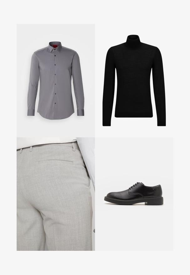 Zwarte coltrui van zacht materiaal, met lange mouwen en een snug fit. Geribbelde afwerking aan de onderkant en mouwen. Eenvoudig ontwerp.; Grijze langemouwen shirt van gladde stof, met een button-down kraag en zwarte knopen, ontworpen met een afgeronde zoom en een getailleerde pasvorm.; Lichtgrijze, op maat gemaakte broek van gestructureerde stof, met een enkele achterzak en nette stiksels.; Zwarte leren veterschoen met een ronde neus, een gladde textuur, minimale stiksels en een lage rubberen hak. Logo op de hak.