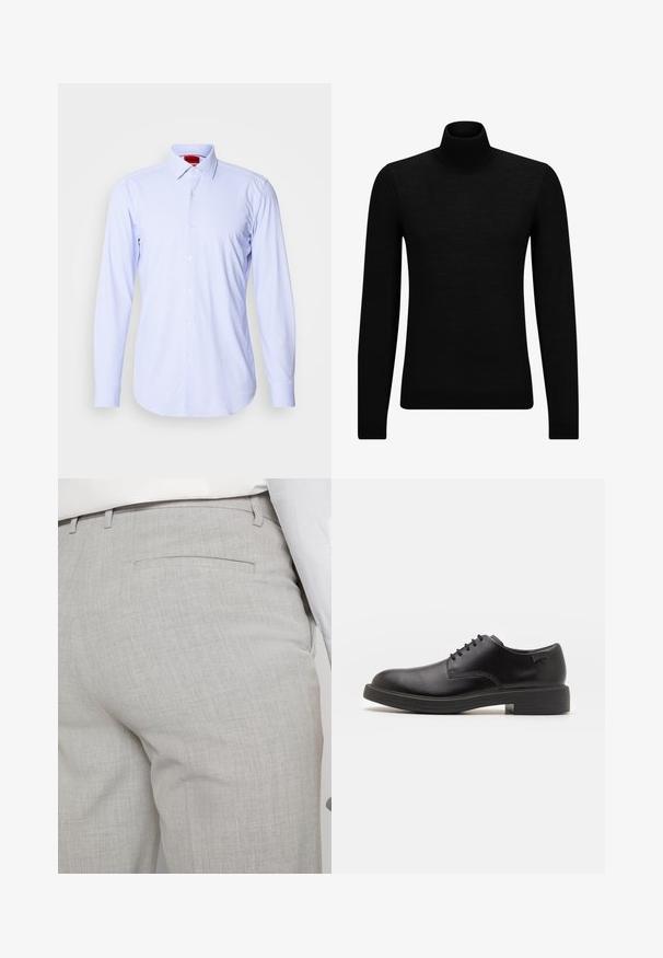 Melnā augstā kakla džemperis, kas izgatavots no mīksta materiāla, ar garām piedurknēm un pieguļušu piegriezumu. Ribota apdare ap apakšu un piedurknēm. Vienkāršs dizains.; Gaiši zils rakstains krekls ar garām piedurknēm un klasisku apkakli. Iezīmē mazas kvadrātiņas un baltus pogas. Gluda auduma tekstūra.; Gaiši pelēkas pielāgotas bikses no teksturēta auduma, ar vienu aizmugurējo kabatu un tīru šuvju apdari.; Melna āda sašūta kurpe ar noapaļotu purngalu, gludu tekstūru, minimālu šuvju skaitu un zemu gumijas papēdi. Logo uz papēža.