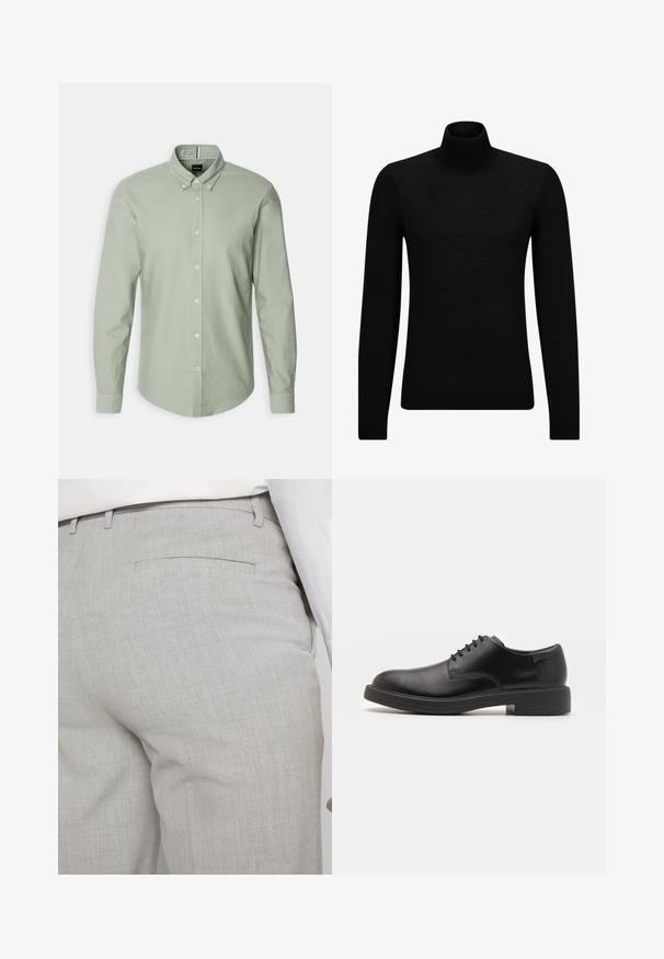 Juodas aukšto kaklo megztinis, pagamintas iš minkštos medžiagos, su ilgomis rankovėmis ir prigludusia forma. Su raukiniais apačioje ir rankogaliuose. Paprastas dizainas.; BOSS ROAN - Marškiniai - light/pastel green; Šviesiai pilkos spalvos pritaikytos kelnės iš faktūrinės medžiagos, turinčios vieną užpakalinę kišenę ir tvarkingus siūlus.; Juodas odinis batų modelis su raišteliais, apvaliu nosiu, lygiu paviršiumi, minimaliai siuvinėjimu ir žemu guminėmis pakulne. Ant pakulnės šalia logo.