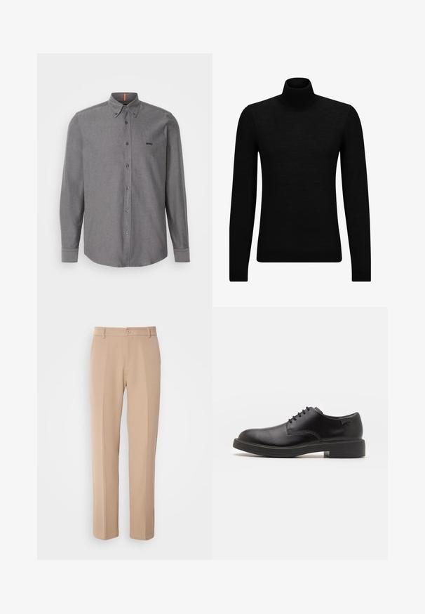 Fekete garbó pulóver puha anyagból, hosszú ujjakkal és szoros fazonnal. Ribbed díszítés az alján és az ujjak végén. Egyszerű dizájn.; Szürke, hosszú ujjú, gombos ing, pamut keverékből, hegyes gallérral, elülső zsebbel és emblémával a mellkason. Ívelt alsó peremmel és gombos mandzsettákkal rendelkezik.; Sima anyagból készült bézs nadrág, egyenes lábú fazonnal, elöl gombos záródással és finom hajtott részletekkel az elején.; Fekete bőrcipő, kerek orrú, sima felületű, minimális varrással és alacsony gumitalppal. Logó a sarokrészen.