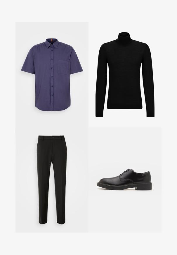 Svart genser med høy hals laget av mykt materiale, med lange ermer og en tettsittende passform. Ribbestrikket kant nederst og ved ermene. Enkelt design.; Korte ermer, marineblå skjorte med knapper laget av bomull, med en brystlomme og buet kant. Har mørke knapper og krage.; Sorte bukser laget av glatt stoff, med rette ben, knappelukking og en klassisk design som passer til både formell og uformell bruk.; Svart lær snøre sko med rund tå, glatt tekstur, minimal søm, og lav gummihæl. Logo på hælen.