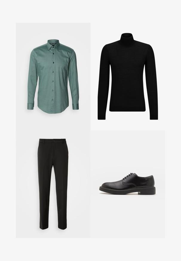 Fekete garbó pulóver puha anyagból, hosszú ujjakkal és szoros fazonnal. Ribbed díszítés az alján és az ujjak végén. Egyszerű dizájn.; BOSS HANK KENT - Ing - open green; Fekete nadrág sima szövetből, egyenes lábakkal, gombos záródással és klasszikus designnal, amely alkalmas formális vagy hétköznapi viseletre.; Fekete bőrcipő, kerek orrú, sima felületű, minimális varrással és alacsony gumitalppal. Logó a sarokrészen.