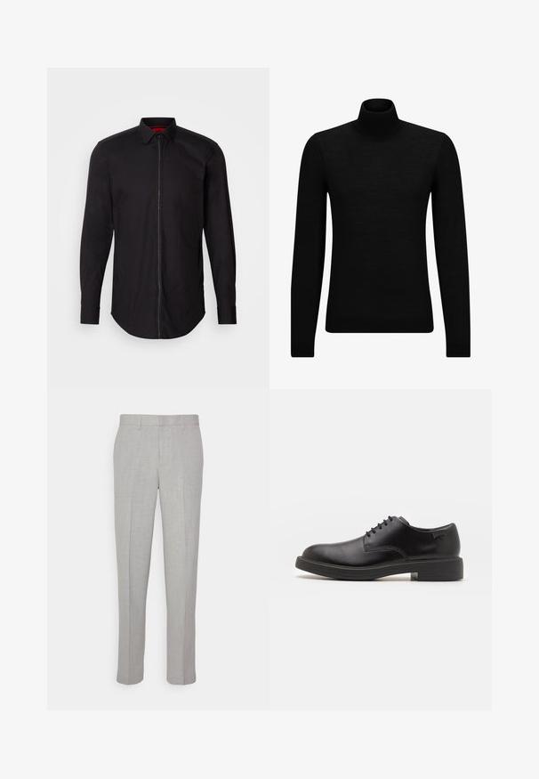 Fekete garbó pulóver puha anyagból, hosszú ujjakkal és szoros fazonnal. Ribbed díszítés az alján és az ujjak végén. Egyszerű dizájn.; Fekete hosszú ujjú ing, elülső cipzárral, gombos gallérral és ívelt szegéllyel. Simább anyag minimális részletezéssel és piros belső béléssel.; Világosszürke nadrág, sima textúrával, lapos elülső résszel és egyenes lábakkal. Lélegző anyagból készült, belső zsebekkel és övjáratokkal ellátva.; Fekete bőrcipő, kerek orrú, sima felületű, minimális varrással és alacsony gumitalppal. Logó a sarokrészen.