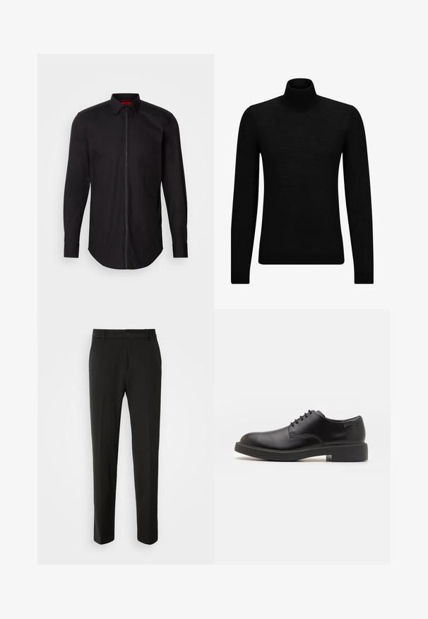 Melnā augstā kakla džemperis, kas izgatavots no mīksta materiāla, ar garām piedurknēm un pieguļušu piegriezumu. Ribota apdare ap apakšu un piedurknēm. Vienkāršs dizains.; Melnas garām piedurknēm krekls ar priekšējo rāvējslēdzēju, pogu apkakli un izliekto apakšmalu. Gluda auduma virsma ar minimālu apdari un sarkanu iekšējo odere.; Melnas bikses no gludas auduma ar taisnām kājām, pogu aizdari un klasisku dizainu, kas piemērots gan formālai, gan ikdienišķai valkāšanai.; Melna āda sašūta kurpe ar noapaļotu purngalu, gludu tekstūru, minimālu šuvju skaitu un zemu gumijas papēdi. Logo uz papēža.