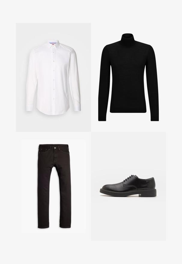 Pull à col roulé noir en matériau doux, avec des manches longues et une coupe ajustée. Finition côtelée au bas et aux poignets. Design simple.; HUGO KOEY - Chemise classique - open white; Jean slim noir avec cinq poches et fermeture à bouton, présenté à plat sur un fond blanc.; Chaussure noire en cuir à lacets avec un embout arrondi, texture lisse, piqures minimales et un petit talon en caoutchouc. Logo sur le talon.