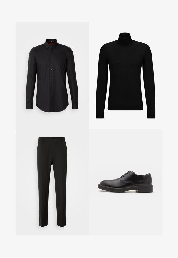 Fekete garbó pulóver puha anyagból, hosszú ujjakkal és szoros fazonnal. Ribbed díszítés az alján és az ujjak végén. Egyszerű dizájn.; Fekete, hosszú ujjú ing sima anyagból. Gombos gallérral, elülső gombokkal és finom részletezéssel ellátott, kerek mandzsettákkal rendelkezik.; Fekete nadrág sima szövetből, egyenes lábakkal, gombos záródással és klasszikus designnal, amely alkalmas formális vagy hétköznapi viseletre.; Fekete bőrcipő, kerek orrú, sima felületű, minimális varrással és alacsony gumitalppal. Logó a sarokrészen.