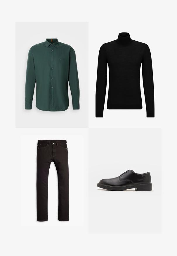 Maglione a collo alto nero realizzato in materiale morbido, con maniche lunghe e vestibilità aderente. Bordo a coste all'orlo e ai polsini. Design semplice.; Camicetta a maniche lunghe verde scuro in cotone, con colletto a punta, bottoni anteriori e un sottile logo del marchio sul petto.; Jeans neri slim-fit con cinque tasche e chiusura con bottone, mostrati distesi su uno sfondo bianco.; Scarpa nera in pelle con lacci, punta tonda, texture liscia, cuciture minime e tacco in gomma basso. Logo sul tacco.