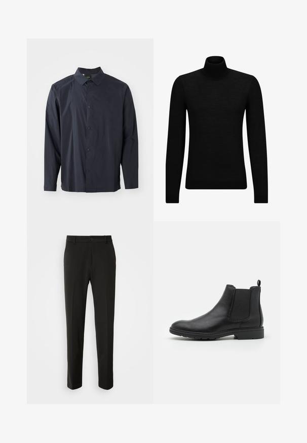 Fekete garbó pulóver puha anyagból, hosszú ujjakkal és szoros fazonnal. Ribbed díszítés az alján és az ujjak végén. Egyszerű dizájn.; Sötétkék gombos ing, gallérral, hosszú ujjakkal és textúrált anyagból készült. Elülső gombolású részével és diszkrét logódíszítéssel rendelkezik.; Fekete nadrág sima szövetből, egyenes lábakkal, gombos záródással és klasszikus designnal, amely alkalmas formális vagy hétköznapi viseletre.; Fekete bőr Chelsea csizma, elasztikus oldalpanellel és húzófüllel, lekerekített orral és texturált gumitalppal.