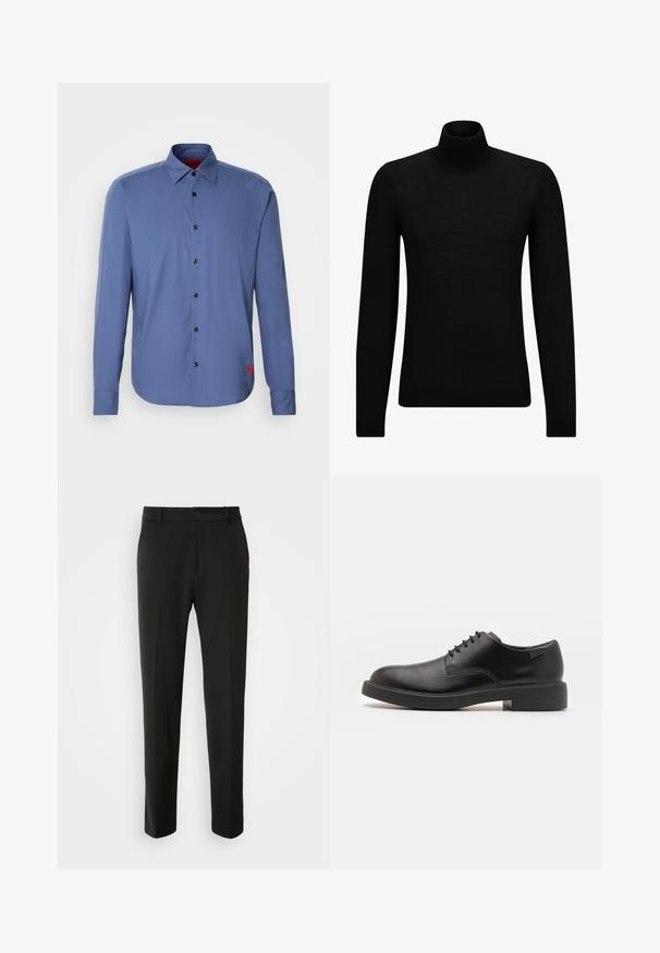 Čierny rolák vyrobený z jemného materiálu, s dlhými rukávmi a tesným strihom. Hranatý lem a manžety s ribbed úpravou. Jednoduchý dizajn.; Modrá košeľa s dlhým rukávom vyrobená z hladkej látky, so zapínaním na gombíky, čiernymi gombíkmi a malým červeným logom na ľavej strane.; Čierne nohavice vyrobené z hladkej tkaniny, s rovnými nohami, zapínaním na gombík a klasickým dizajnom vhodným pre formálne aj neformálne nosenie.; Čierne kožené šnurovacie topánky s okrúhlou špičkou, hladkým povrchom, minimálnym prešívaním a nízkym gumovým podpätkom. Logo na podpätku.