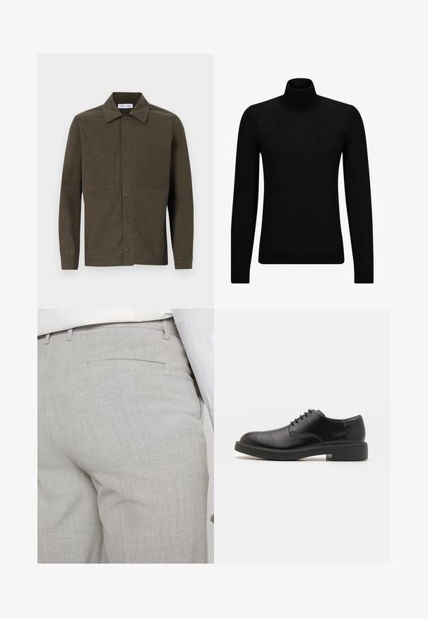 Black turtleneck sweater made of soft material, featuring long sleeves and a snug fit. Ribbed trim at the hem and cuffs. Simple design.; Dark green, long-sleeve shirt made of smooth fabric, featuring a pointed collar, front buttons, and two chest pockets.; Light gray tailored trousers made of textured fabric, featuring a single back pocket and clean stitching.; Black leather lace-up shoe with a rounded toe, smooth texture, minimal stitching, and a low rubber heel. Logo on the heel.