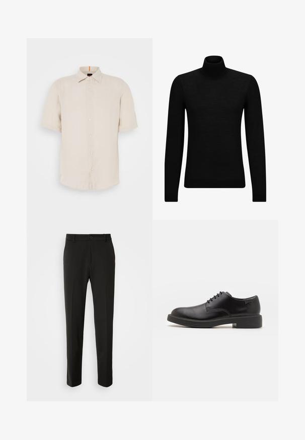 Jersey de cuello alto negro hecho de un material suave, con mangas largas y un ajuste ceñido. Ribete acanalado en el dobladillo y los puños. Diseño simple.; Camisa de manga corta en lino color beige claro con cuello abotonado, botones frontales y dobladillo recto. Presenta una sutil textura.; Pantalones negros hechos de una tela suave, con piernas rectas, cierre de botón y un diseño clásico adecuado para ocasiones formales o informales.; Zapato negro de cuero con cordones, punta redondeada, textura suave, costuras mínimas y tacón bajo de goma. Logo en el tacón.