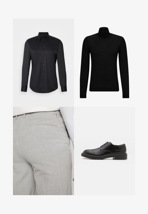 Melnā augstā kakla džemperis, kas izgatavots no mīksta materiāla, ar garām piedurknēm un pieguļušu piegriezumu. Ribota apdare ap apakšu un piedurknēm. Vienkāršs dizains.; Melnas pogcauruma krekls, kas izgatavots no gludas auduma, ar klasisku apkakli, garām piedurknēm un pogu aizdari priekšā.; Gaiši pelēkas pielāgotas bikses no teksturēta auduma, ar vienu aizmugurējo kabatu un tīru šuvju apdari.; Melna āda sašūta kurpe ar noapaļotu purngalu, gludu tekstūru, minimālu šuvju skaitu un zemu gumijas papēdi. Logo uz papēža.